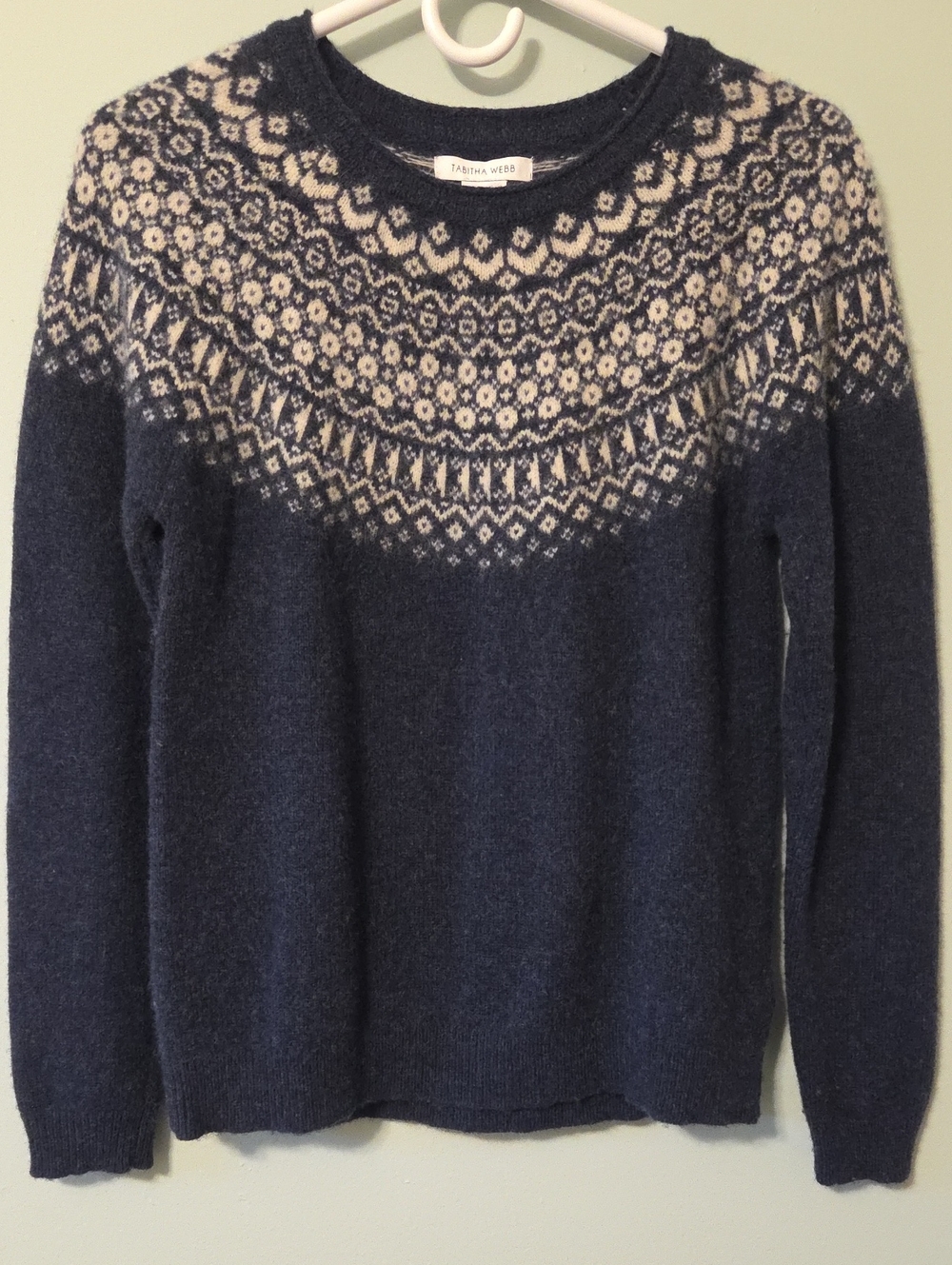 Tabitha Webb Lambswool Blend Navy and Cream Fair Isle Crewneck Sweater